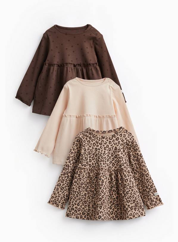 Cream & Animal Print Peplum Hem Long Sleeve T-Shirts 3 Pack 2-3 years